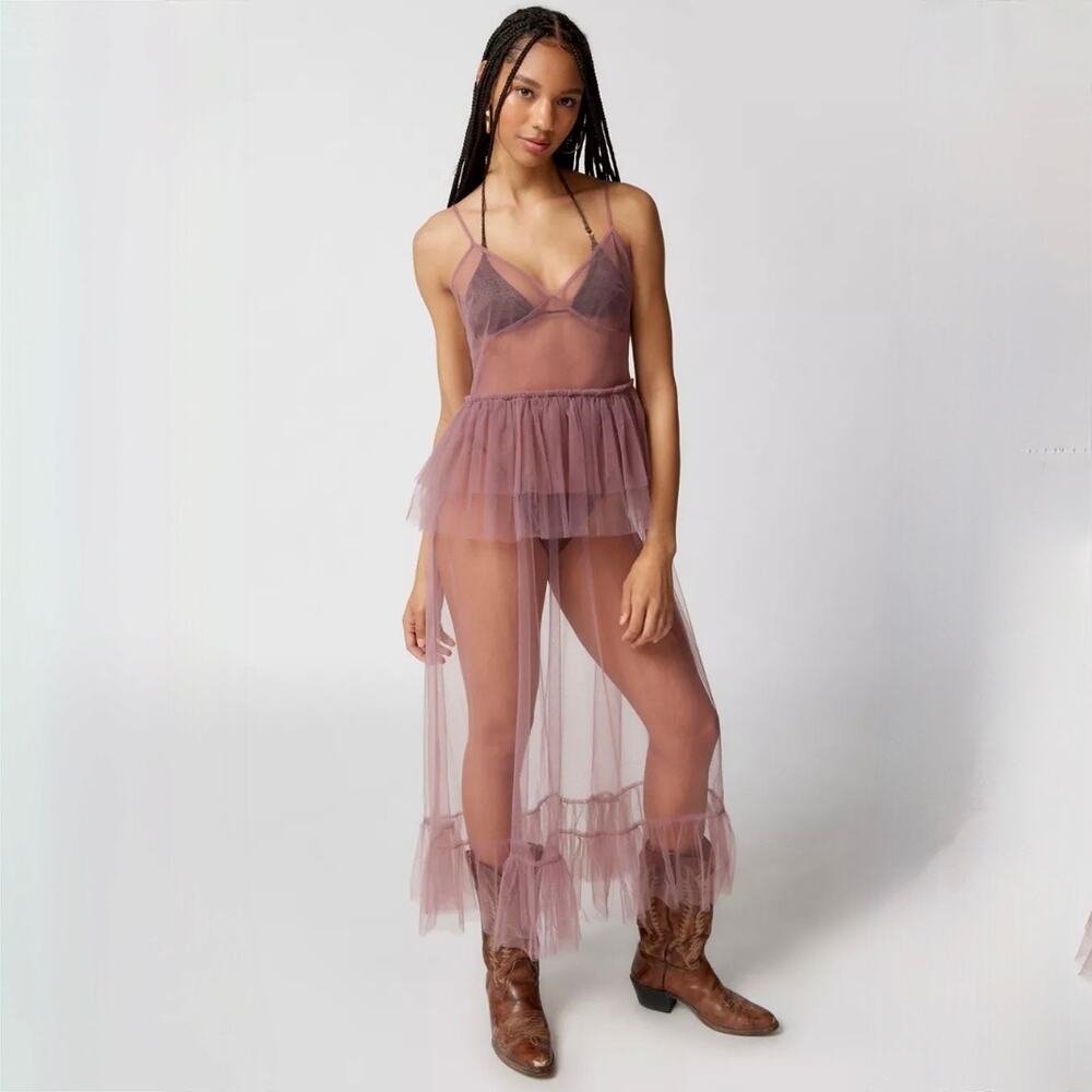 NWT Urban Outfitters Aida Sheer Mesh Ruffle Midi Dress - Mauve - Size L